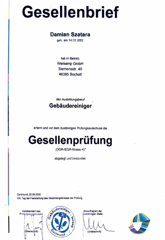 Gesellenbrief Gebäudereiniger – Qualifikation des Inhabers