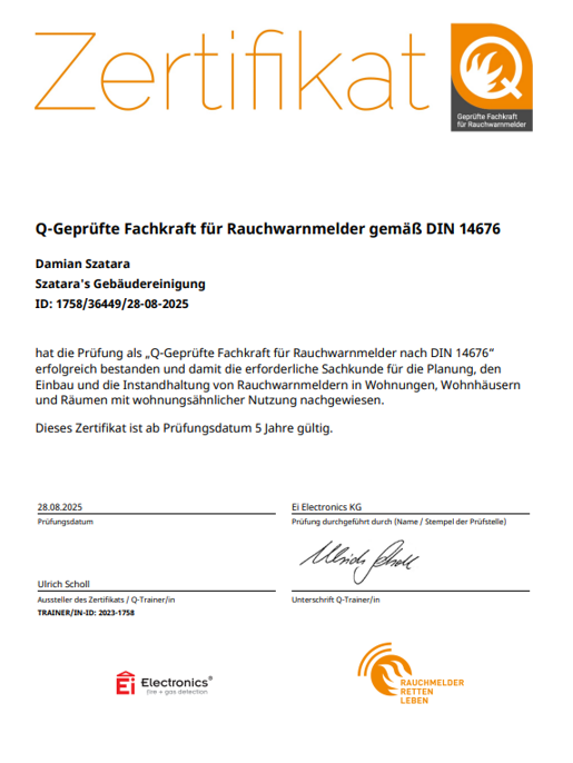 Zertifikat Rauchwarnmelder-Service für Gebäudereinigung